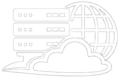 Icon depicting Web Hosting, showing a server bank, cloud, and globe